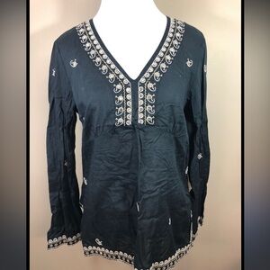 Express Top Women Small Navy Blue Silver‎ Embroidered Sequin Shirt V-neck blouse